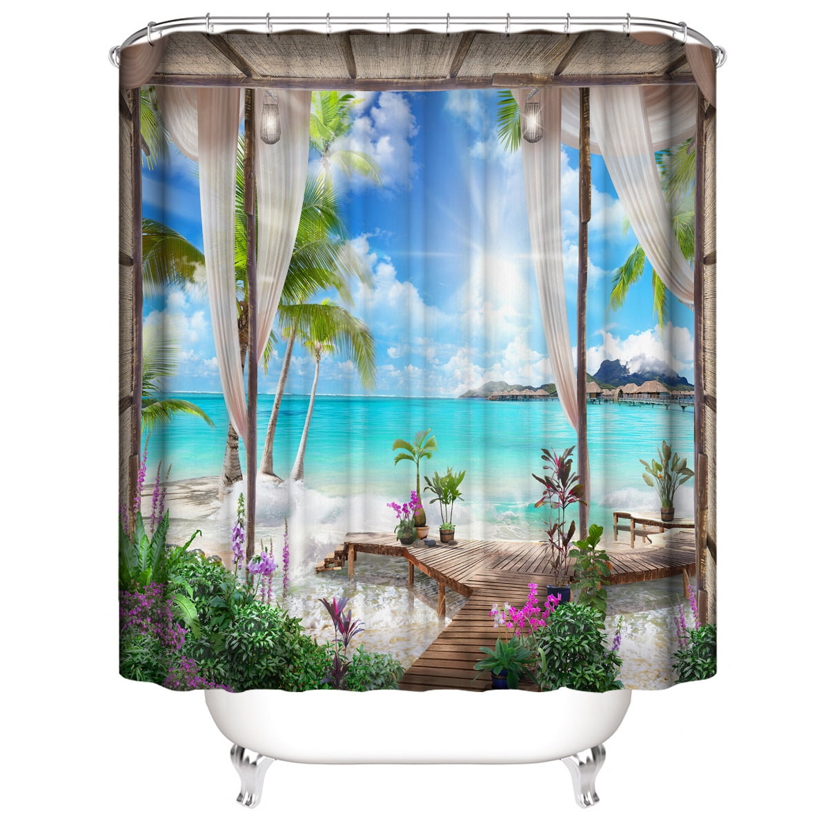 Summer Beach Palm Tree Shower Curtain Sets Bathroom Curtains, Modern