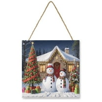 Snowy Winter With Snowman Wooden Hanging Sign Farmhouse Vintage Rustic Wall Decor Wood Christmas Holiday Wall Hanging Door Decorations Wood Plaque Signs 12"x12"