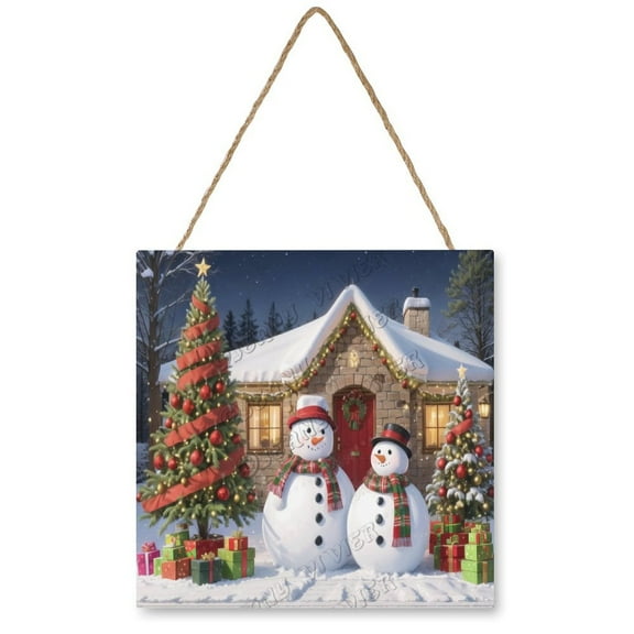 Snowy Winter With Snowman Wooden Hanging Sign Farmhouse Vintage Rustic Wall Decor Wood Christmas Holiday Wall Hanging Door Decorations Wood Plaque Signs 12"x12"