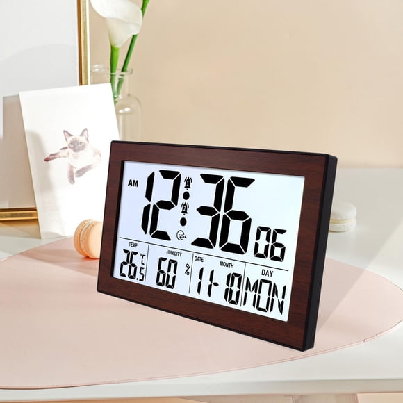 Reloj Despertador Digital, Reloj de Mesa, Reloj Silencioso, Reloj de Pared, Pantalla Grande, Función de Temperatura Y Humedad, Multilingüe, Adecuado P H181H marrón