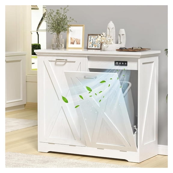 Tilt Out Trash Can Cabinet 10 Gallon Kitchen Bin Storage with Deodorizing System Pet Proof Double White Wood Grain Finish for Dining Room