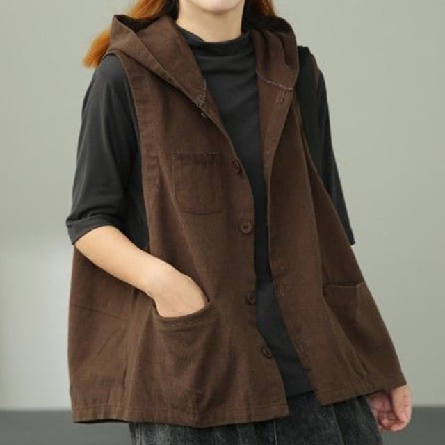 Abrigo informal sin mangas con capucha y chaquetas para mujer, de algodón, liso, holgado y sin mangas, con capucha