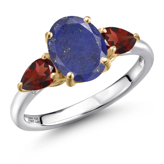 Gem Stone King 925 Silver and 10K Yellow Gold Blue Lapis and Red Garnet Engagement Ring for Women | 2.98 Cttw | Oval 9X7MM | Gemstone Birthstone | Size 9