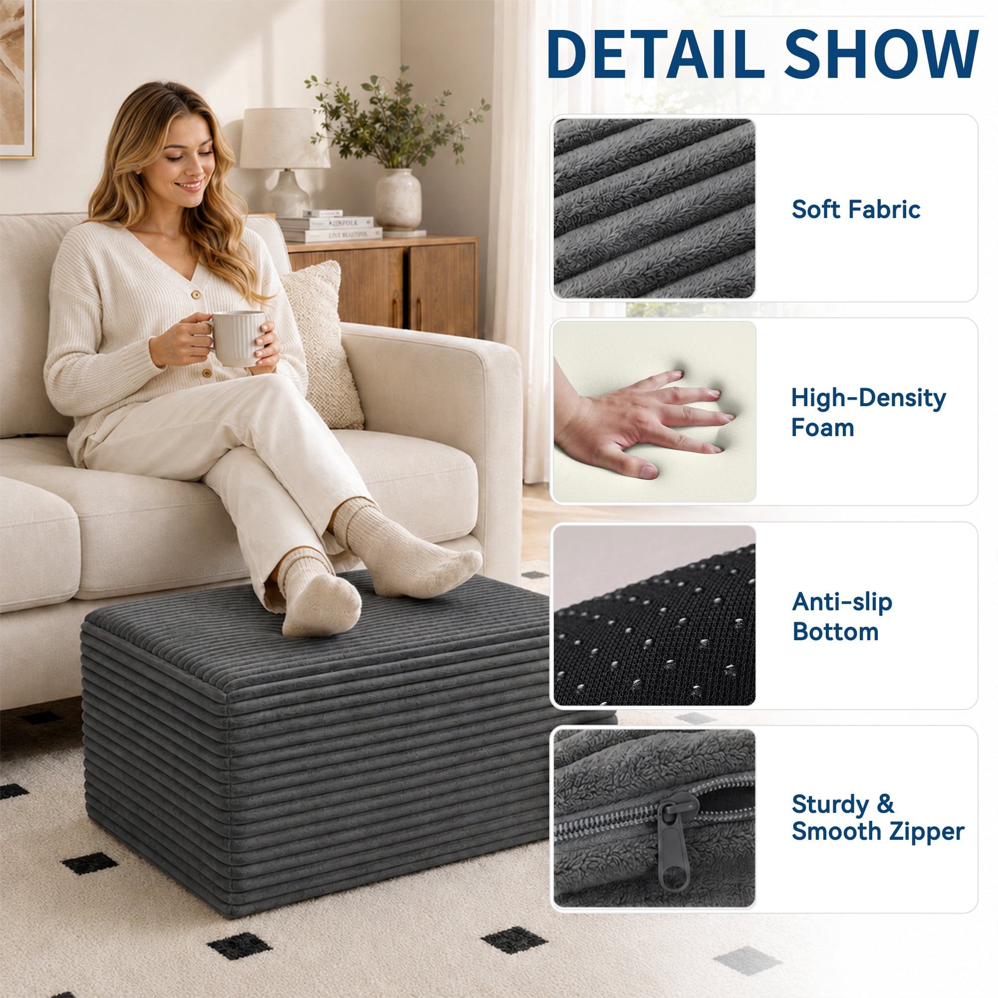 IDEALSOUL Corduroy Ottoman, Rectangle Ottoman Foot Rest for Couch, Oversized Modular Sectional Sofa Stool, Extra Seating & Coffee Table for Sofa, Cloud Foot Rest Foam Support, No Assembly Required