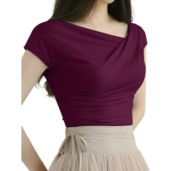 Womens V Neck Asymmetric Collar Short Sleeve Slimming Fit T-Shirt Summer Blouse For Women