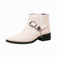 thumbnail image 1 of Men's Vintage Embroidered Western-Inspired Ankle Boots, Pointed Toe Elastic Side Slip-On Chelsea Boots with Decorative Buckle & Chain, Low Block Heel, 1 of 6