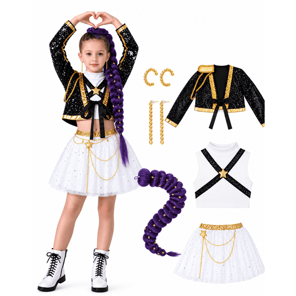 Kids Pop Singer Halloween Costume, Pop Idol Group Stage Outfit with Jacket, Skirt, Wig & Earrings for Halloween Outfit, Ages 3-14