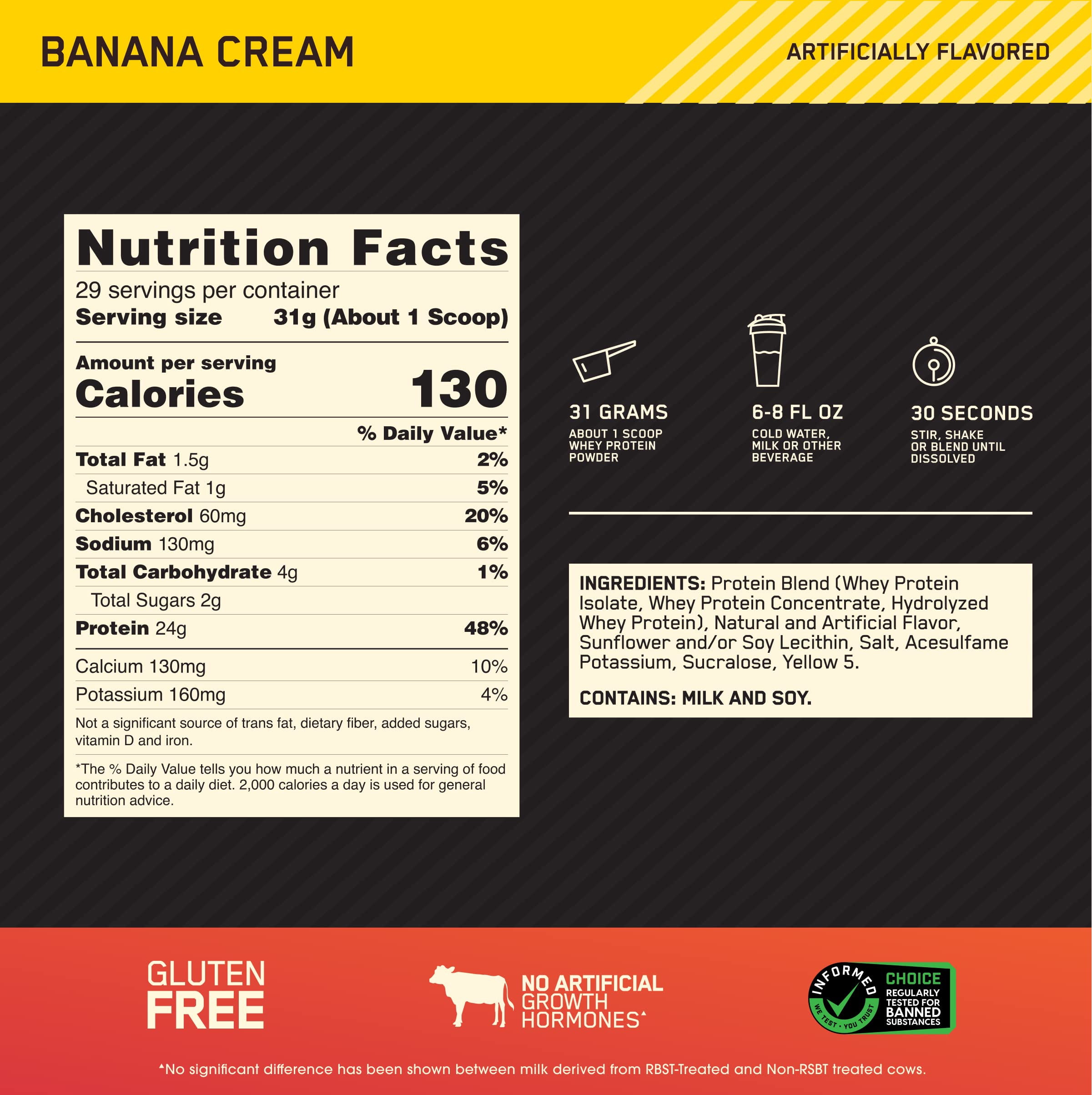 Optimum Nutrition Gold Standard 100% Whey Protein Powder, Banana Cream, 24g Protein, 2 Lb