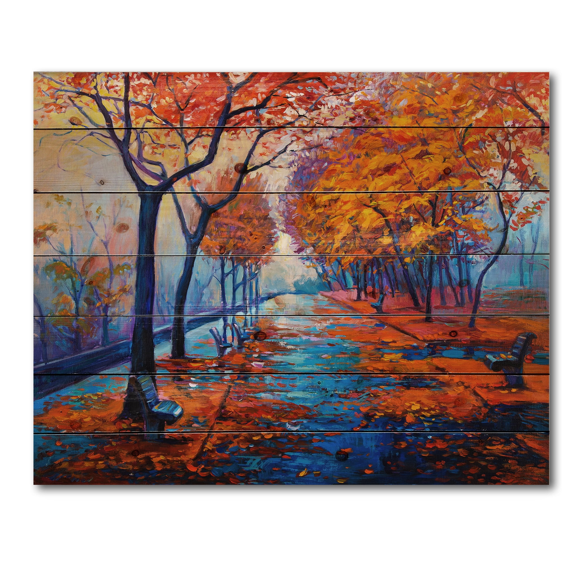 Designart 'Orange Autumn Landscape With Little Road III' Traditional Print on Natural Pine Wood