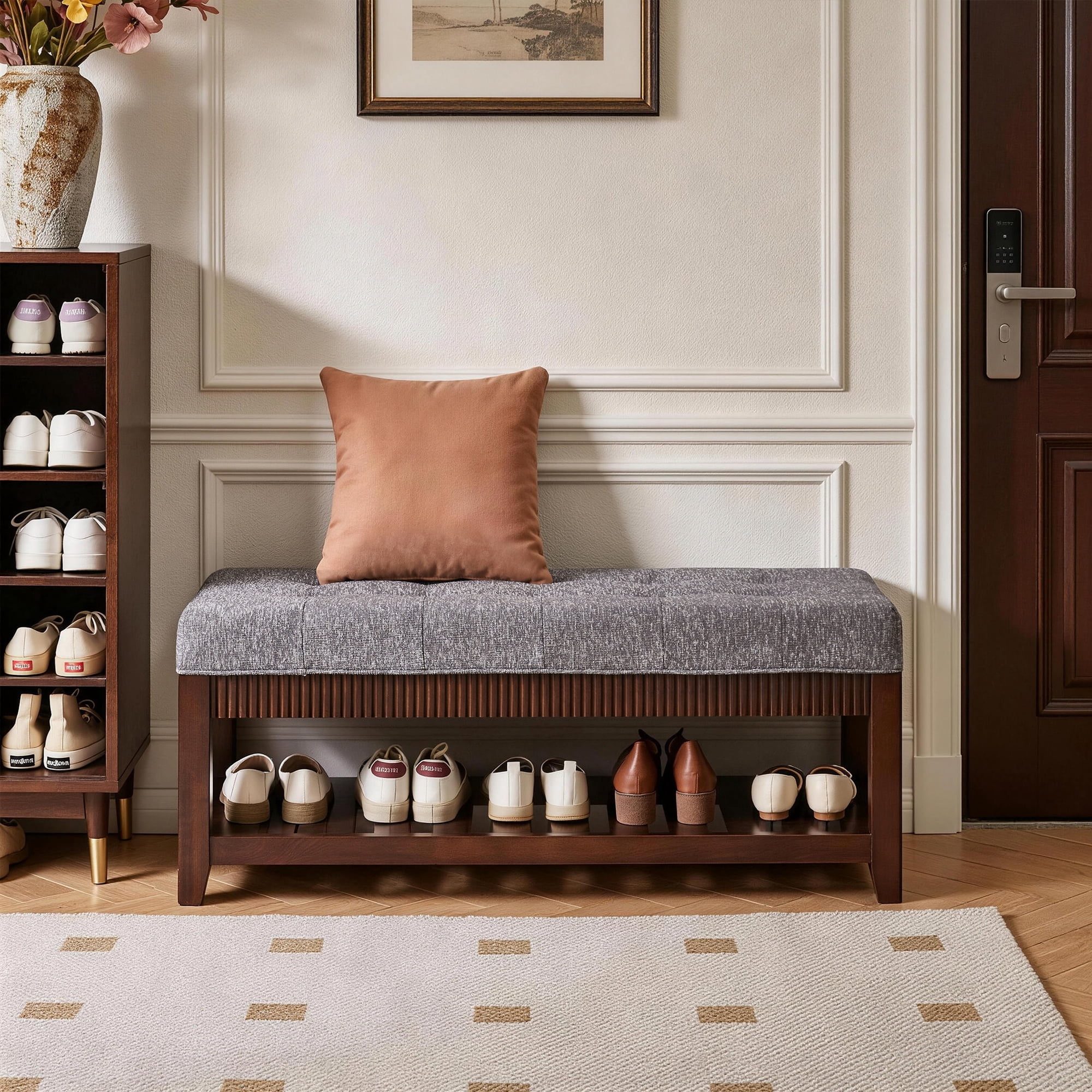 Garitin Entryway Bench and Solid Wood Shoe Bench 43.7 Inch, Upholstered Storage Bench with Padded Cushion and Lower Shoe Rack for Foyer, Gray