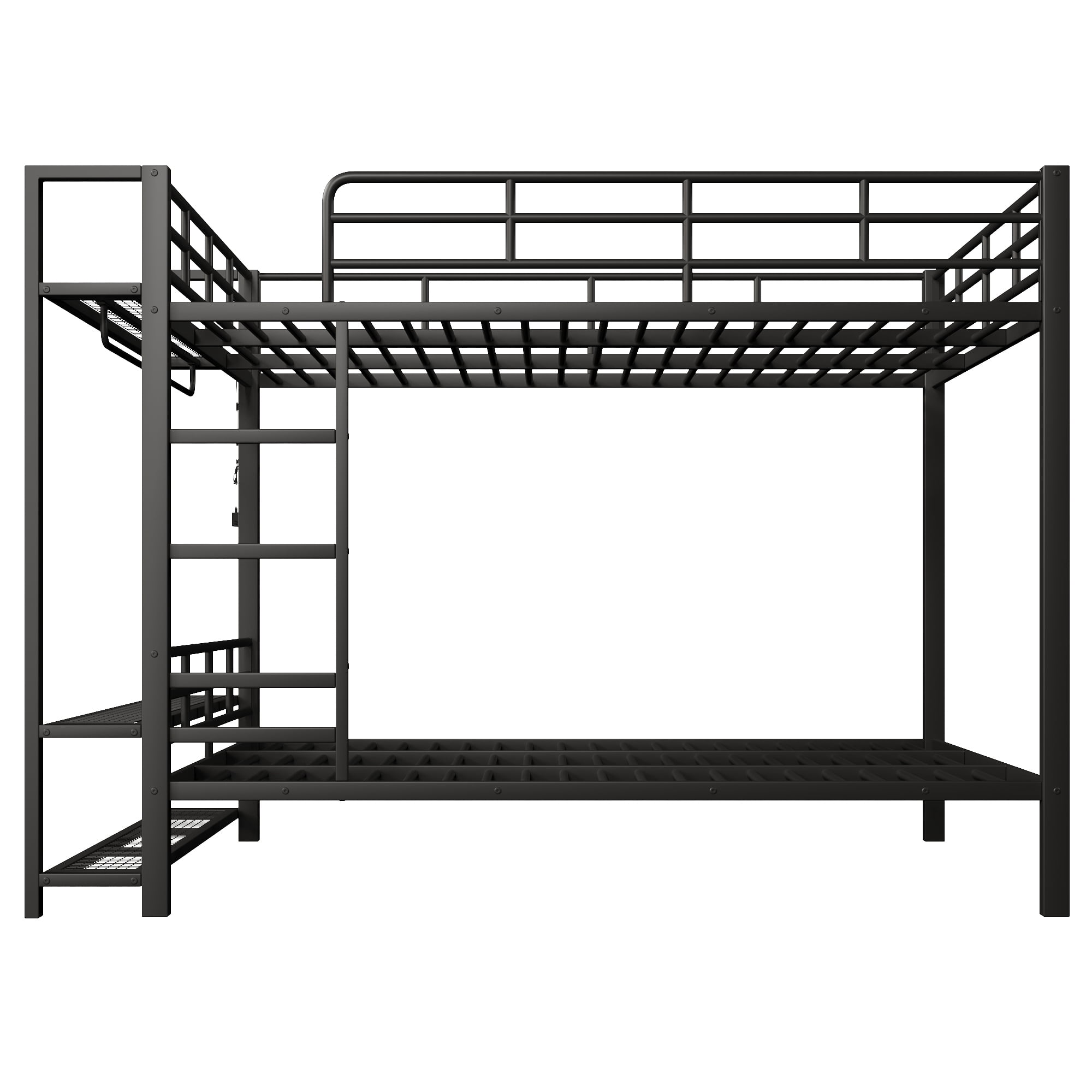 Euroco Metal Queen over Queen Bunk Bed wih Storage Shelves, Clothes Hanger and LED Light for Kids Teens Room, Black