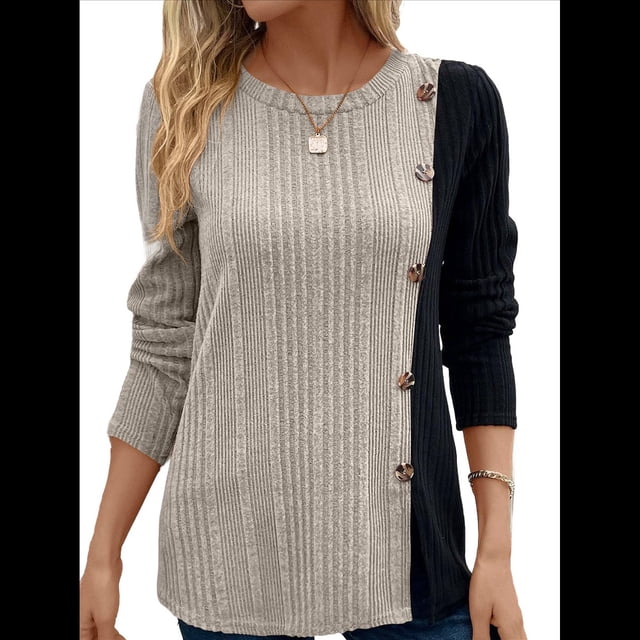 Camisa Asimétrica de Larga con Botones y Bloques de Color para Mujer, Ribete de Botones Claros y Abertura Lateral en la Cintura. Caqui S