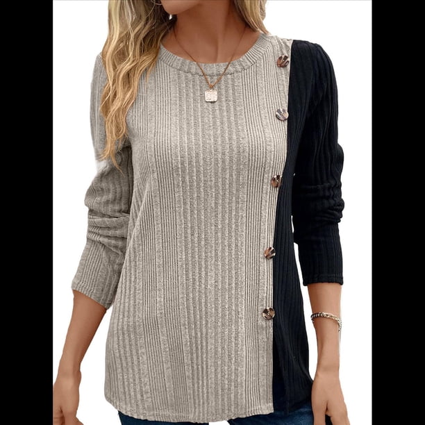 Camisa Asimétrica de Larga con Botones y Bloques de Color para Mujer, Ribete de Botones Claros y Abertura Lateral en la Cintura. Caqui S