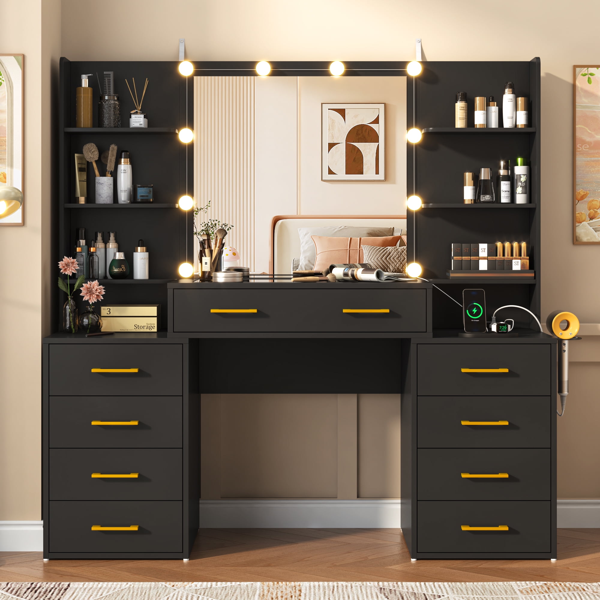 Black Vanity Desk with Mirror & LED Lights, Glass Top Vanity Desk with Charging Station & Compartment Storage Drawers, 55" Large Makeup Vanity Table with 9 Drawers & 6 Shelves