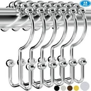 NimJoy Set of 12 Double Shower Curtain Ring Hooks, Rust-Free Premium 18/8 Stainless Steel Easy Glide Rollerball Shower Curtain Hangers, Plated Chrome Finish