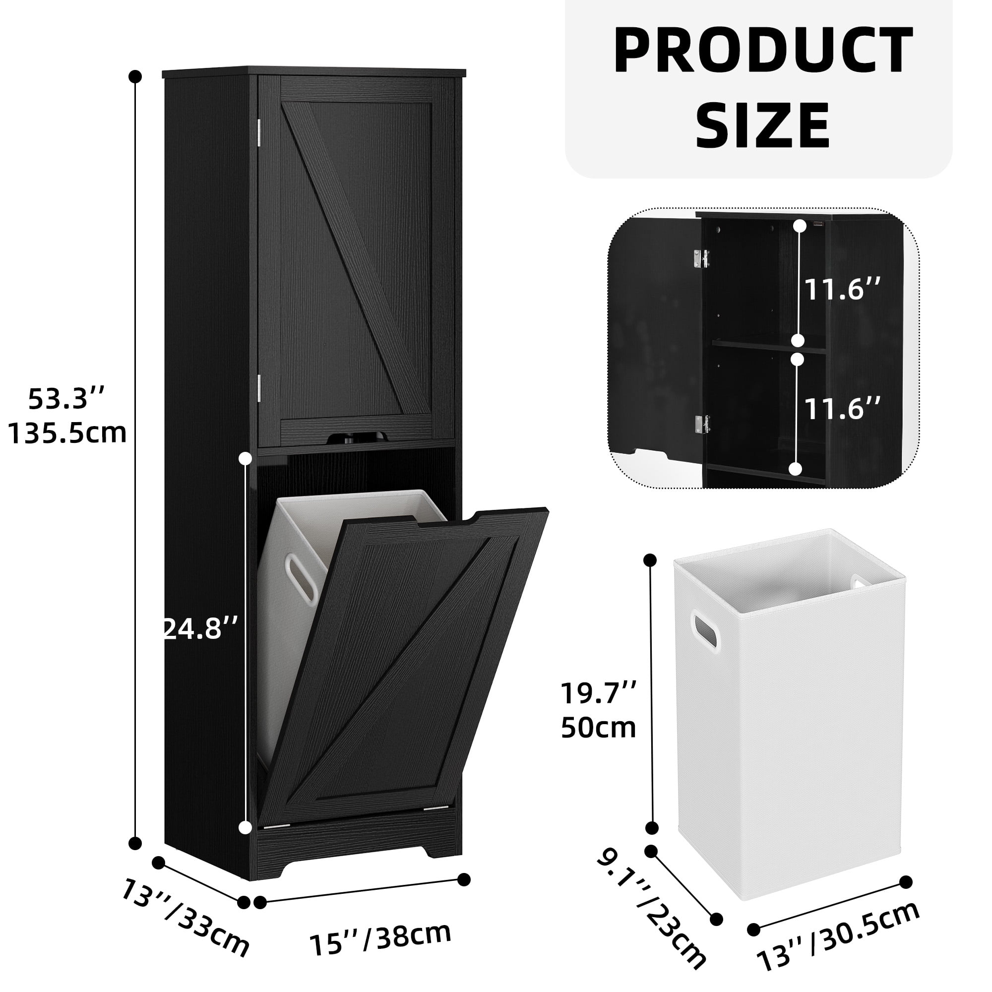 DWVO Laundry Hamper with Adjustable Shelf, 53" Laundry Hamper Cabinet with Storage Basket, Black