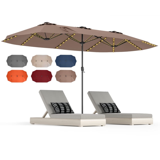 Gymax 15.5 FT Double-sided Patio Umbrella w/ Solar Lights Outdoor Twin Size Umbrella Coffee