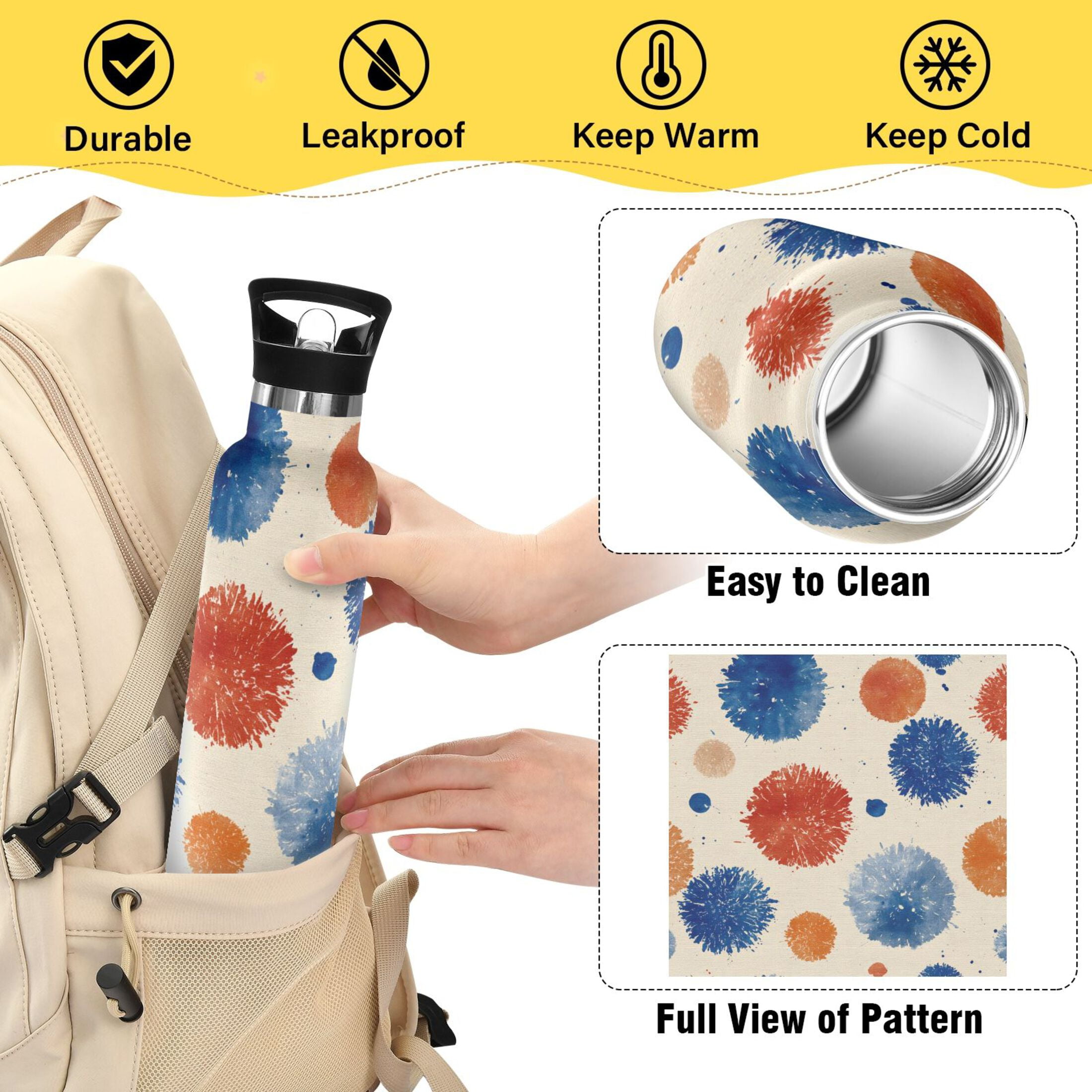Kids Insulated Stainless Steel Sports Water Bottle 600ml (20oz) Blue Splashes Artistic Pattern