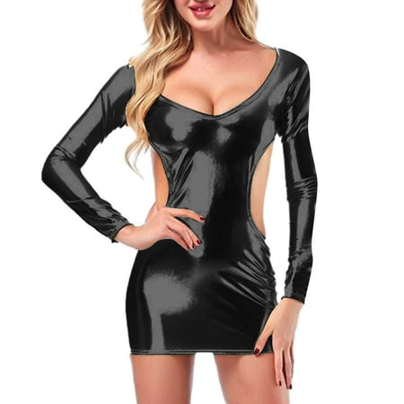 Yuhangmm Women Fashion Solid Sexy Lingerie Gold P Leather Long Seleeve Skirt Sexy Lingerie with Stockings plus Size