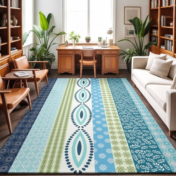 Area Rugs 5'x7', Blue Green Geometric Carpet Runner Indoor Outdoor Rugs Home Decor Aesthetic, Boho Vintage Country Flowers Leaves Non Slip Mats Washable Accent Rug for Living Room Bedroom
