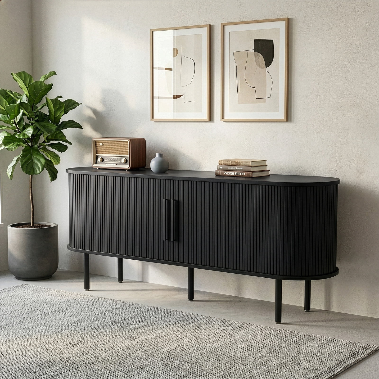Embossed Particle Board TV Stand, Oval Tabletop 147x35x58cm, Entertainment Center with Slatted Sliding Doors, Modern Media Console Cabinet for Living Room, Black
