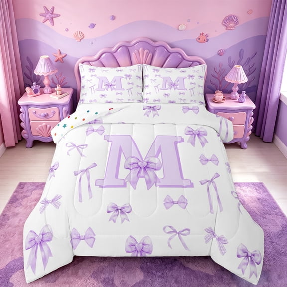 meiyoeat Ribbon Bowknot Monogrammed M Full Size Comforter Sets,Watercolor Coquette Letter Design Bedding Comforter Set For Girl,Reversible,3 Pieces,1 Comforter and 2 Pillowcases