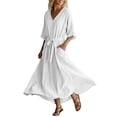 thumbnail image 2 of Uscallm Women Plus Size V Neck 3/4 Sleeve Tie Flowy Boho Maxi Dress Casual Basic Long Travel Dresses, White XL, 2 of 6