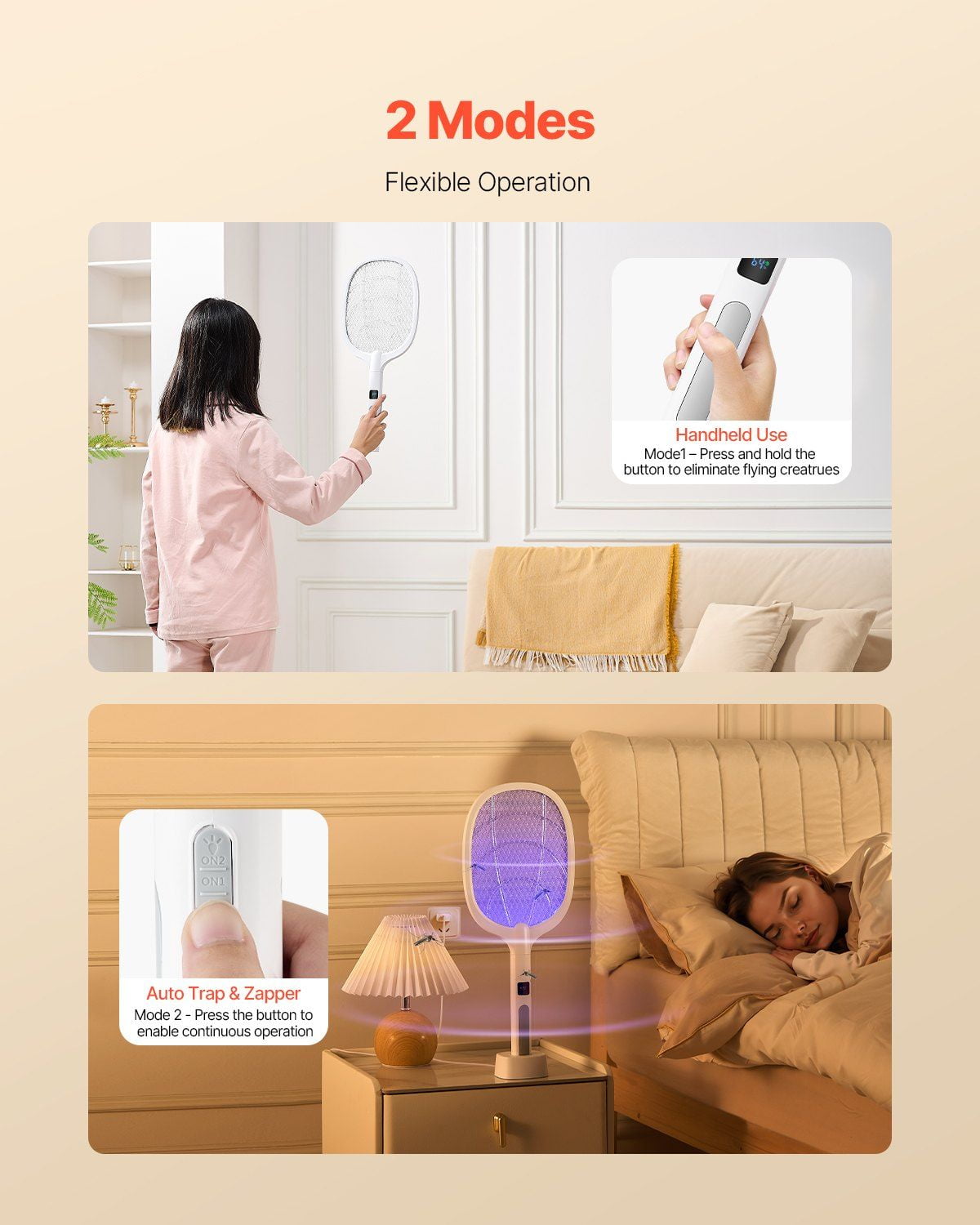 USB Rechargeable Electric Bug Zapper, 3-Layer Protective Grid with Bright Light, 1500mAh Large Battery, No Need Batteries, Easy to Clean, Home Kitchen Essential - White