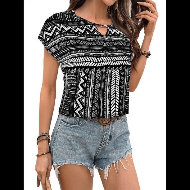 Blusas de Verano de Corta para Mujer, Blusas Elegantes e Informales, Color Negro, Talla S