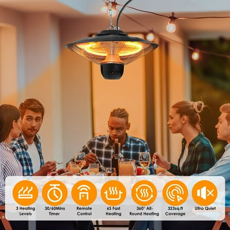 Imountek 1500W Hanging Patio Heater, IP23 Waterproof Electric Ceiling Heater with Remote 3 Heat Settings & Timer for Indoor Outdoor Use