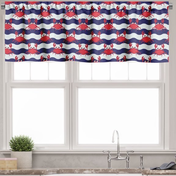 Ambesonne Nautical Valance Pack of 2, Crabs on Striped, 54"X18", Red and Navy Blue