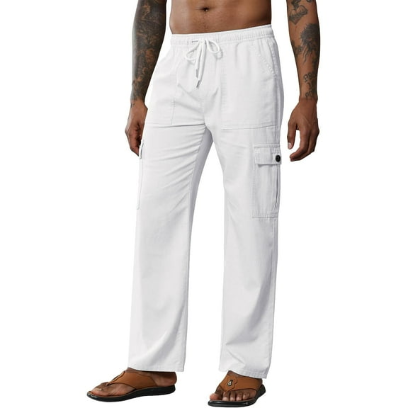 Caqnni Men's Casual Pants Relaxed Fit Stretch with Pockets (White,S)