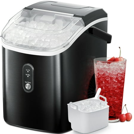 Auseo Nugget Ice Maker Countertop with Soft Chewable Pellet Ice, 33lbs/24H, Self-Cleaning Function, for Party/Kitchen/Office, Stainless Steel-Black