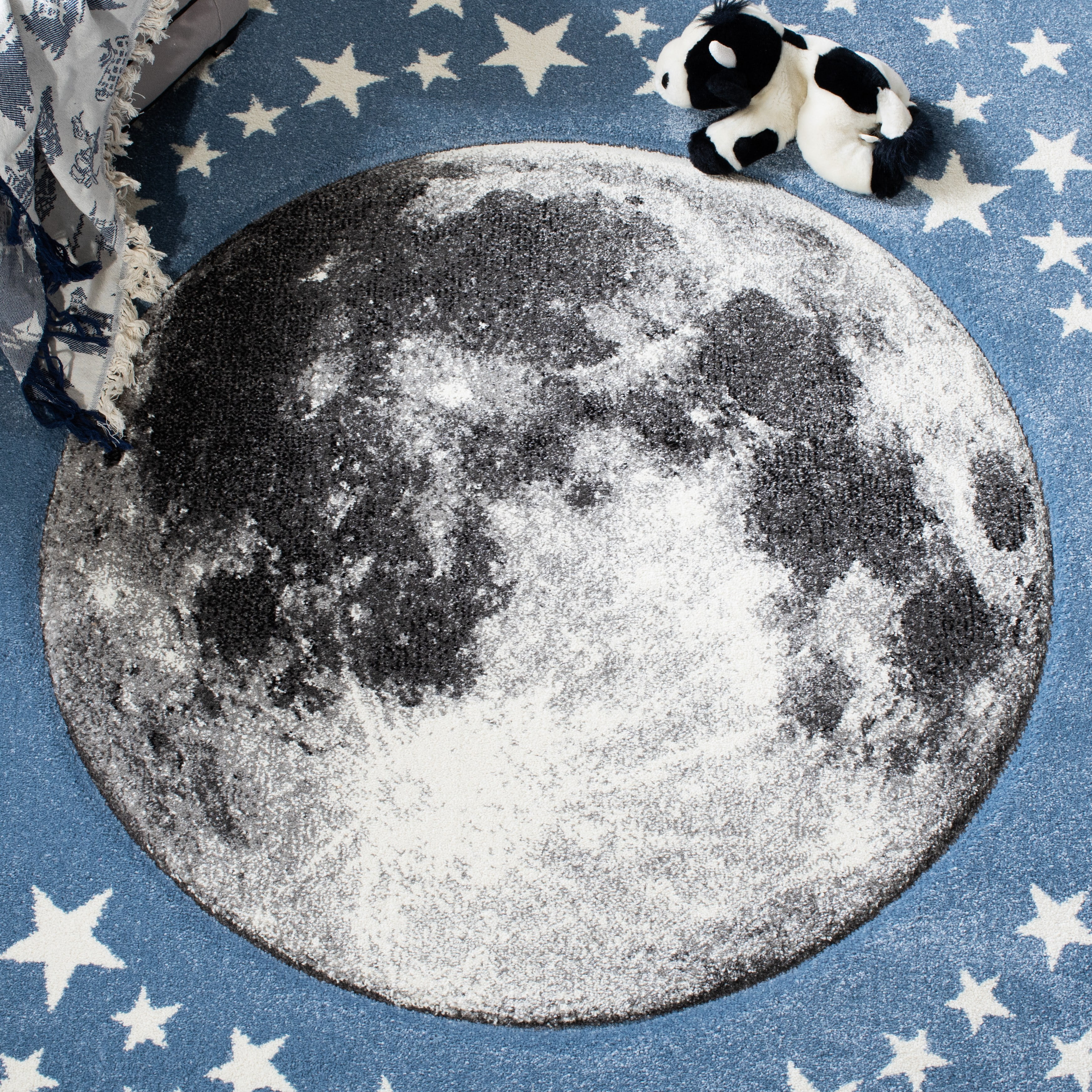 SAFAVIEH Carousel Kids Moon in the Stars Area Rug, Light Blue/Gray, 5'3" x 5'3" Square