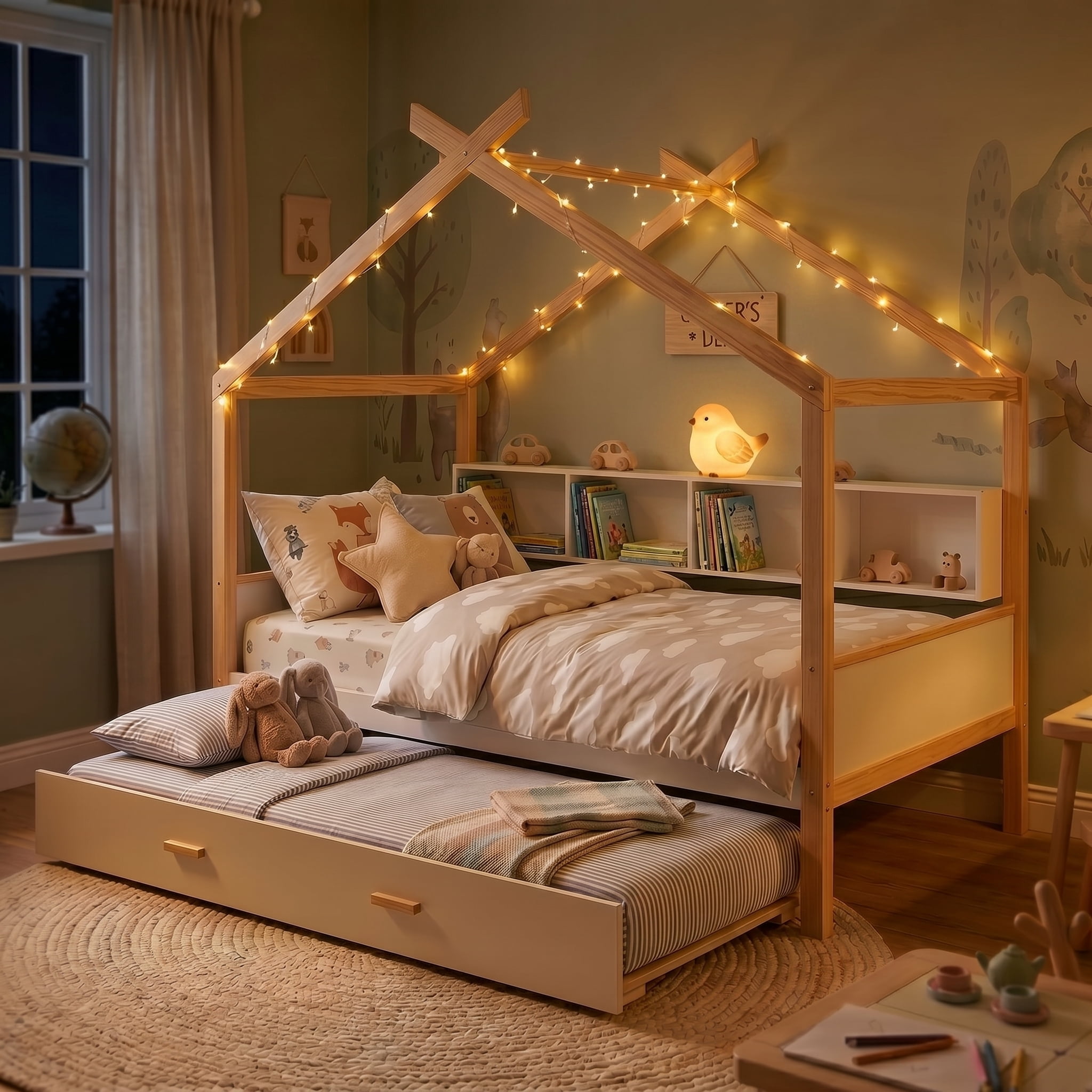 Euroco Wood Twin Size House Bed with Bookcase and Trundle Bed, White