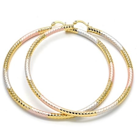 Large Circle Earrings (Gold-Tone Ladies Circle Hollow Design and Diamond Cut Design Extra Large Hoop Earrings Tri-Color Yellow, Rose, and White (80mm x)