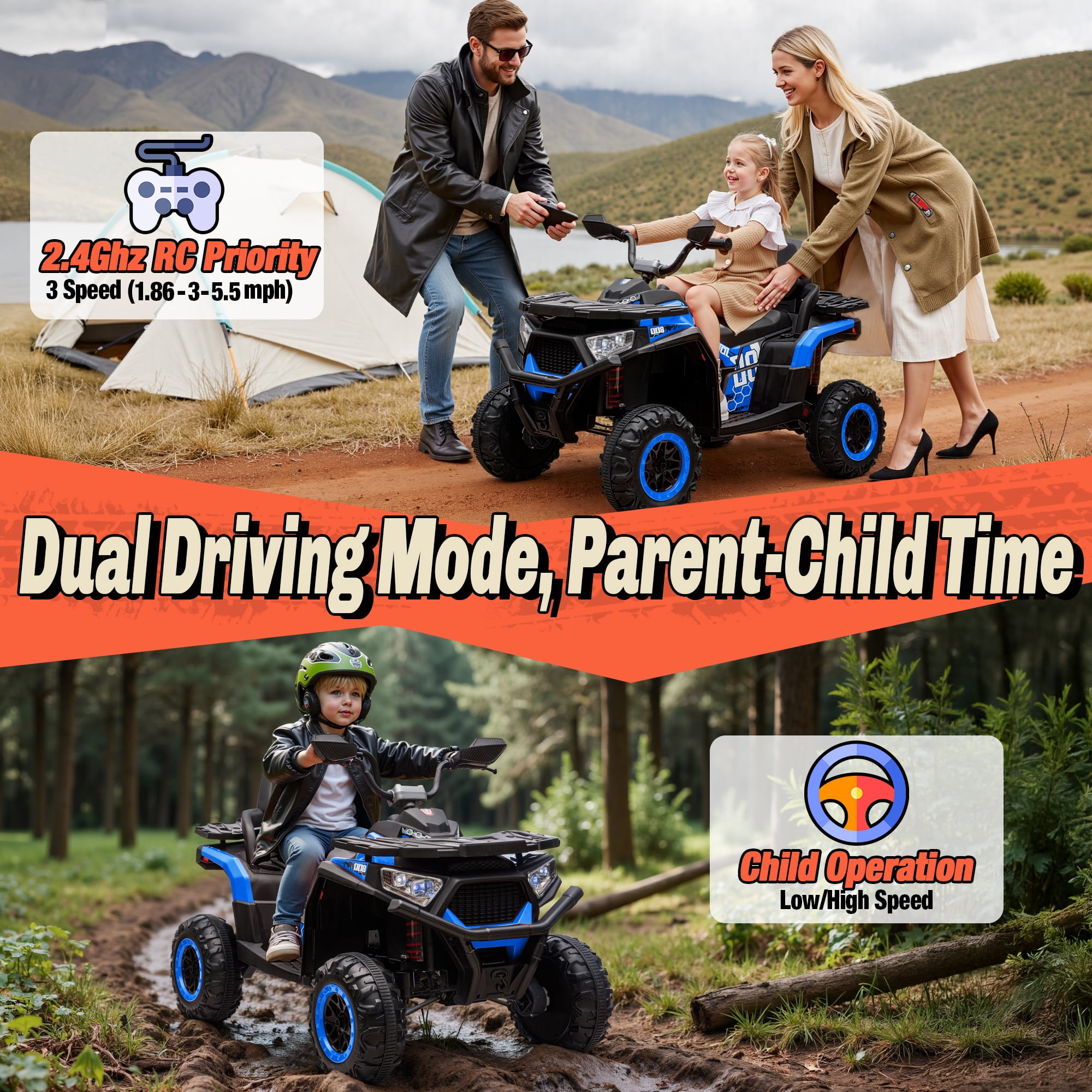 Joyracer 24V 4x4 Kids ATV Electric 4-Wheeler with Leather 2-Seater, 24 Volt Ride on Toys for Big Kids w/ Kneepads, 4x200W Motors, Bluetooth Music, Blue