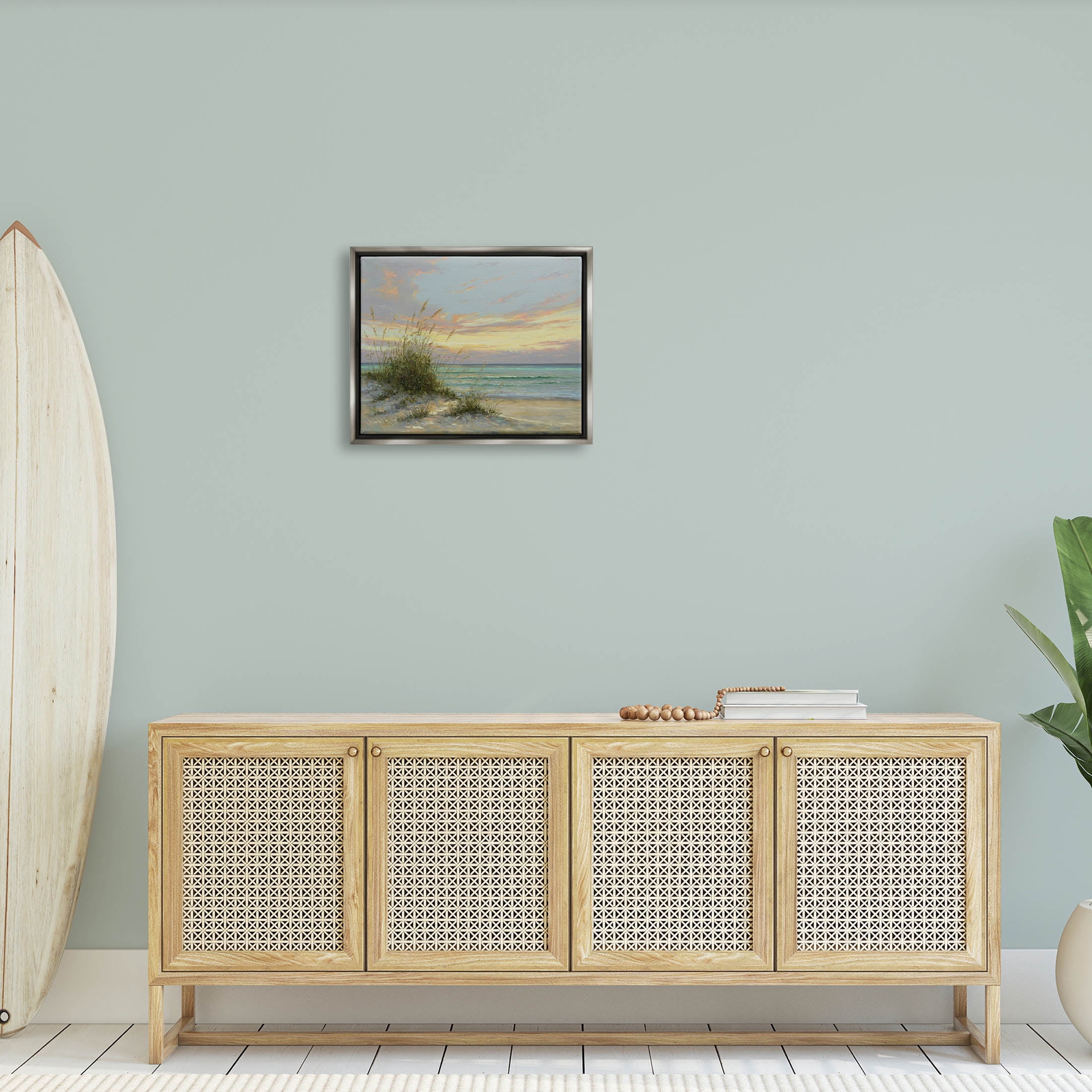 Beach Grass Vivid Sunset Coastal Painting Luster Gray Framed Art Print Wall Art