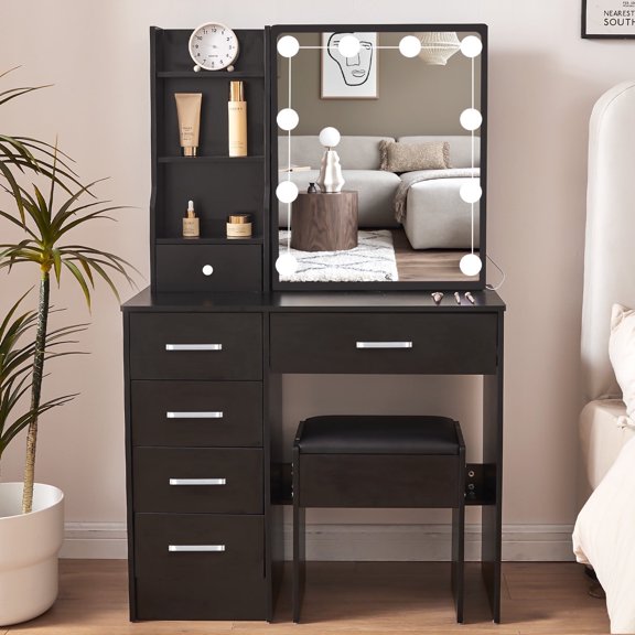 VEANERWOOD Black Makeup Vanity with LED Lights, Power Strip, 4 Drawers ...
