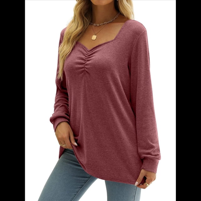 Blusa Elegante Informal con Cuello en Forma de Corazón y Larga para Mujer, Color Liso, Estilo Túnica, Tipo Suéter. Rojo S