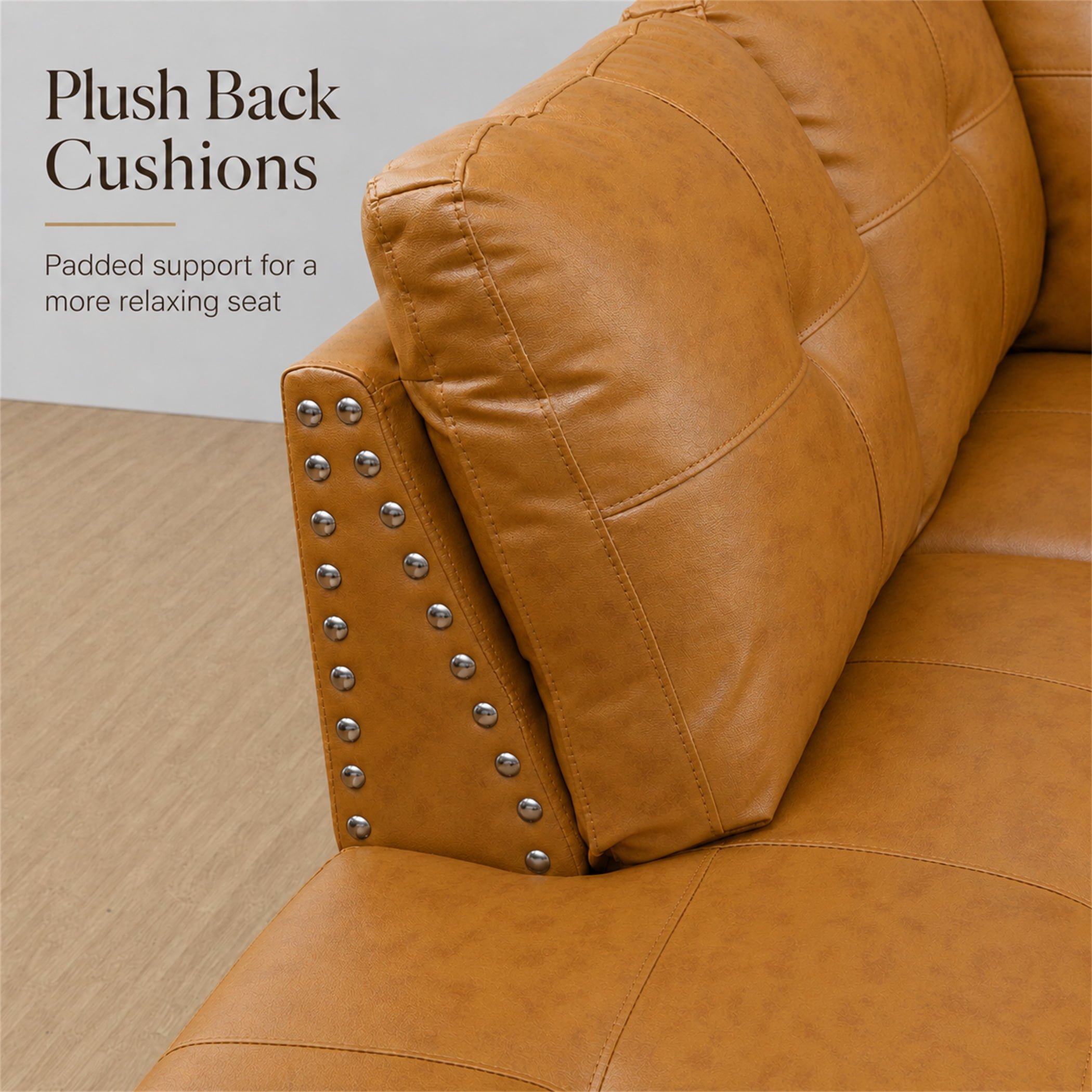 Aukfa 98" L Shaped Sectional Couch with Cup Holder Console, Tufted Back&Nailhead Trim, Oversized Left Chaise Leather Sofa for Living Room, Ginger
