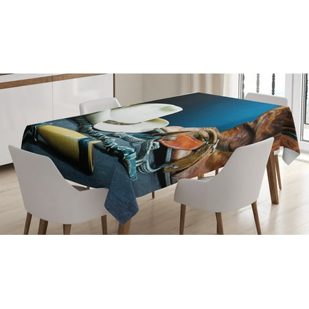 

Western Decor Tablecloth Equestrian Backdrop with Antique Horseshoe Hat Cowboy Texas Style Rectangular Table Cover for Dining Room Kitchen 60 X 84 Inches Blue Brown and Beige by Ambesonne