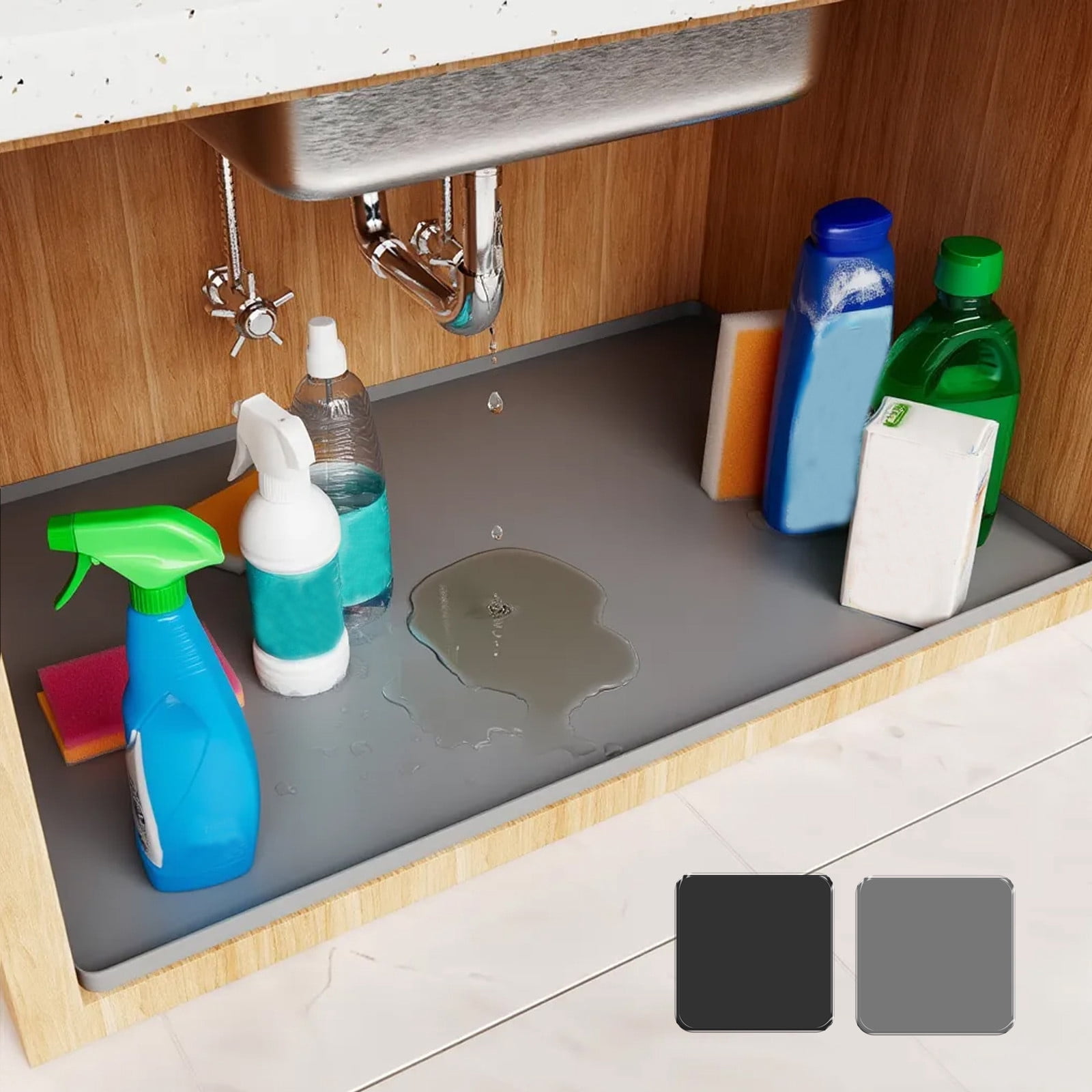 COM1950s Under Sink Mat, 34x22 Inch Silicone Cabinet Liner with Raised Edge, Waterproof Drip Tray for Kitchen Bathroom Cabinet Protection, Easy to Clean