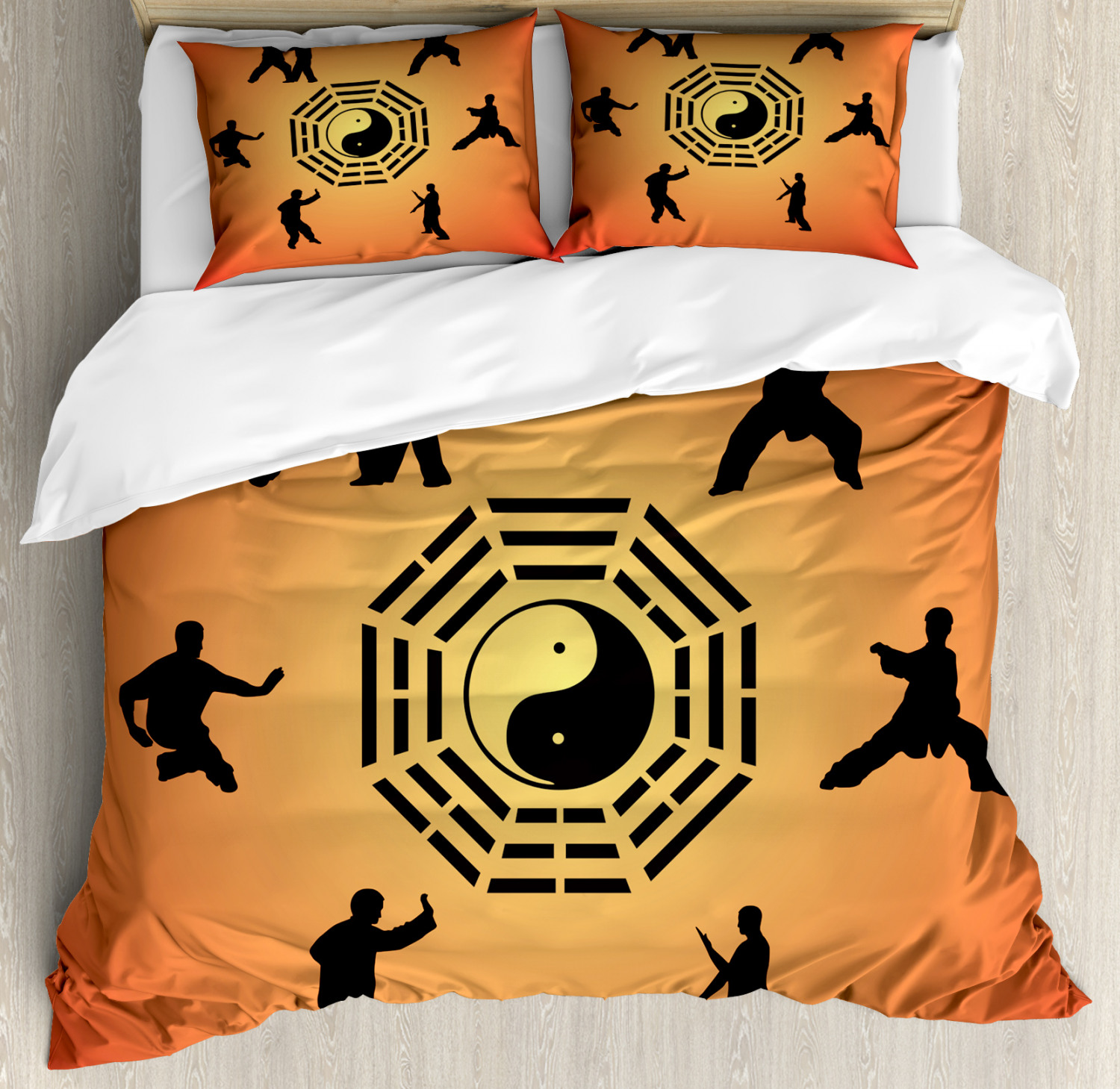 Karate Themed Duvet Cover Set Full Size - Sports Bedding With Pillowcases, Grey White Black Plaid