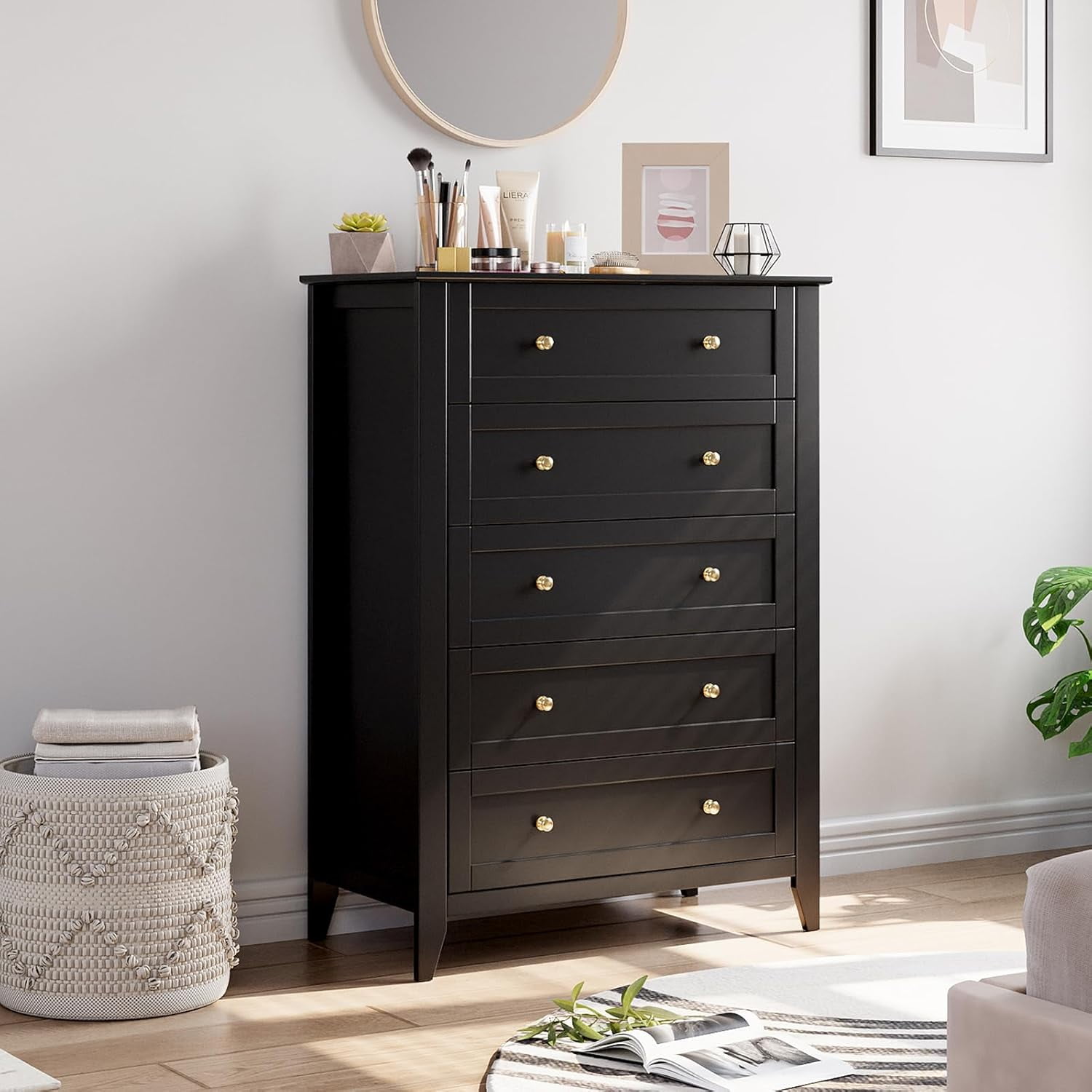 Homhougo Dresser for Bedroom Black with 5 Drawers, Tall Wood Organizer Storage Cabinet with Round Handle, Chest of Drawers for Closet, Living Room, Hallway, Nursery, Kids Bedroom