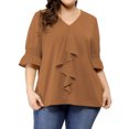 thumbnail image 3 of Agnes Orinda Women's Plus Size Blouse Ruffle Front Smocked Sleeves V Neck Solid Casual Tops 1X Brown, 3 of 9
