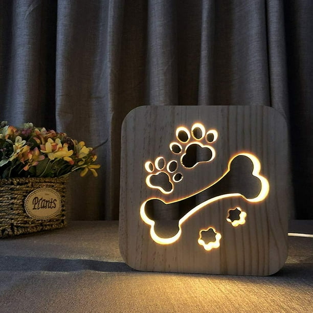 Lámpara de cabeza de lobo con pata de perro y luz nocturna de madera, decoración de dormitorio para niños, lámpara Led de luz cálida, USB para regalo para niños