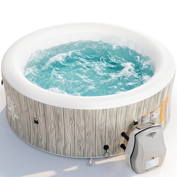 Seizeen Inflatable Hot Tub for 6-8 Person, Outdoor Blow Up Hot Tub 80'' Round Wood Grain, Multifunctional Portable Home SPA with 140 Bubble Jets, Heating & Filtration System, Cover
