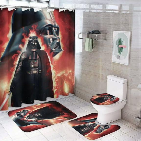 4 Pcs Shower Curtain Set Darth Vader Shower Curtain with 12 Hooks, Non-Slip Rugs,Toilet Lid Cover And Bath Mat for Bathroom Decor
