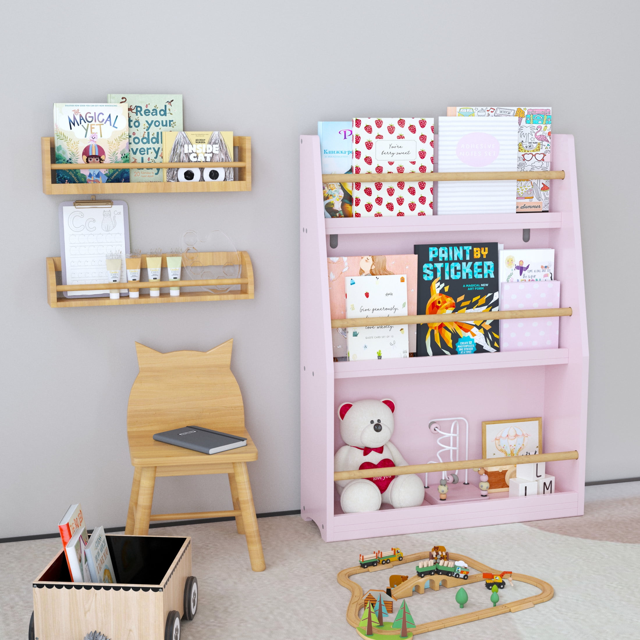 Noble House Sage 3-Tier Kids Book Shelf, Front-Facing Toddler Book Rack for Bedroom, Playroom or Nursery, Pink